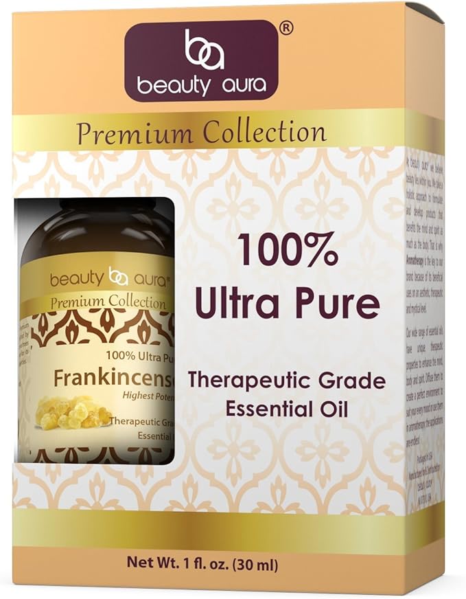 Beauty Aura Premium Collection Ultra Pure Frankincense Essential Oil - 1 Oz Bottle - Steam Distilled from Sacred Boswellia Tree Resin - Use for Beauty Care, Massages & More