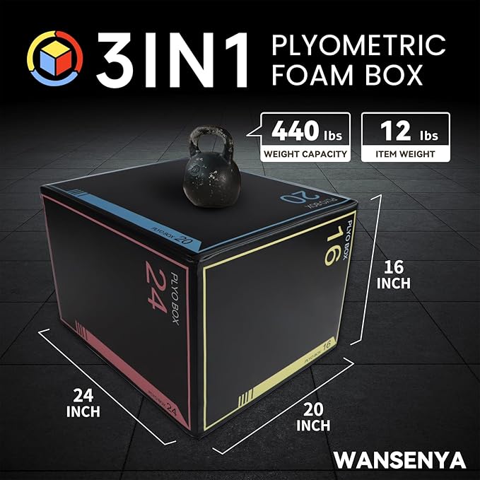 3-in-1 Dense Foam Plyometric Jump Box,30"x24"x20"-24"x20"x16"-20"x18"x16"Non-Slip Box Jumps for Home Gym,Exercise Foam Plyo Box for Fitness Training-Step-Ups,Split Squats,Dips,Box Jump Cube