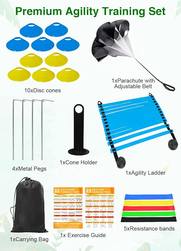 Speed Agility Training Equipment Set - 20ft Agility Ladder, 10 Disc Cones, Resistance Parachute, 5 Resistance Bands & Carry Bag | Football Soccer Basketball Fitness Drills