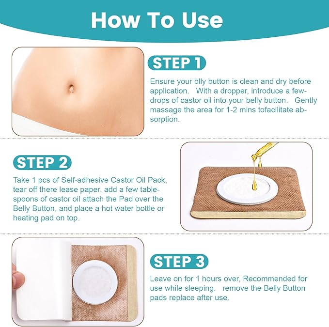 36Pcs Castor Oil Pack Wrap, Organic Cotton Castor Oil Patches for Belly Button, Disposable Self-Adhesive Pads, Portable Anti Leakage No Wash Kit