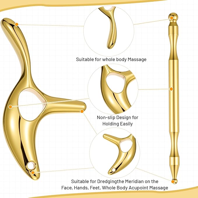 2 Pcs Trigger Massage Tool Acupuncture Pen Gua Sha Massage Scraping Tool Manual Reflexology Body Point Deep Tissue Muscle Scraper Massager for Head Neck Hand Waist Calf Foot (Gold,Medium)