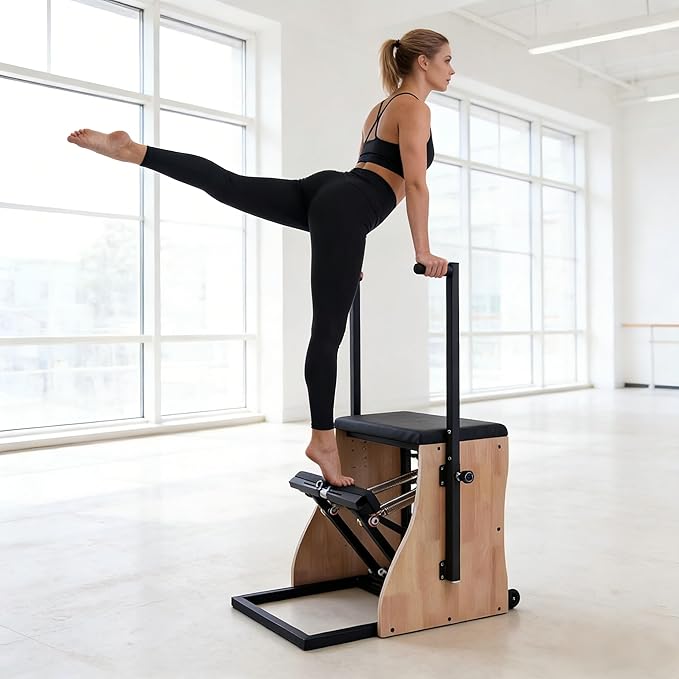 Pilates Stability Chair Split Pedal Fitness Reformer with Adjustable Springs,4-Level Resistance, Home Gym Equipment for Full-Body,Yoga & Core Training,Includes Non-Slip Socks, Ideal for Rehabilitation