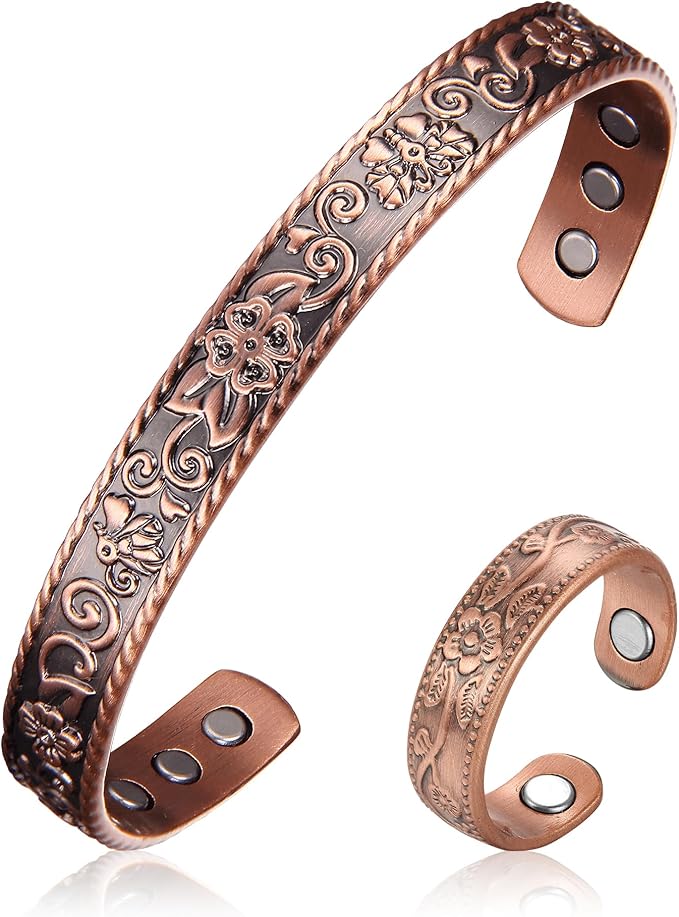 BioMag 99.99% Pure Copper Bracelet&Ring for Men and Women, Adjustable Magnetic Bracelet & Ring with Built-in Strong Magnets, Elegant Vintage Flower Design, Jewelry Christmas Gift
