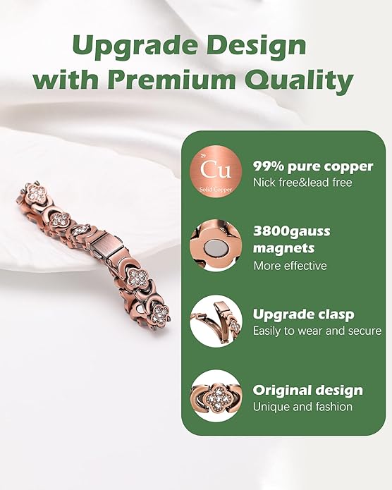 99% Pure Copper Bracelet, Copper Magnetic Bracelet & Ring for Women with Ultra Strength Neodymium Magnets, Clover Jewelry with Sparkling Cubic Zirconia