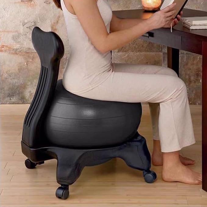 Ergonomic Yoga Ball Chair for Adults, Balck Stability Ball with Wheels ＆ Back, Exercise Ball Chair Strength Posture Anti-Burst Ball