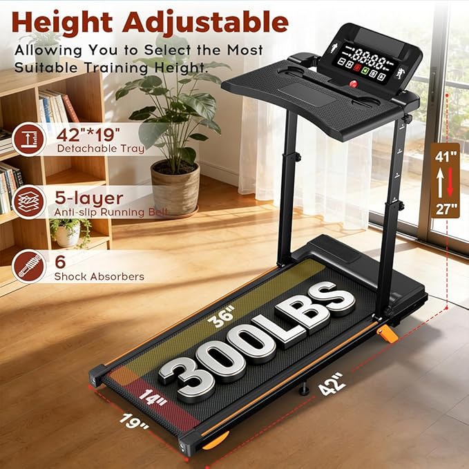 Walking Pad Treadmill with Desk, Foldable Treadmills for Home, Quiet Treadmill with 10% Incline, 300lbs Weight Capacity Walking or Running for Home Office