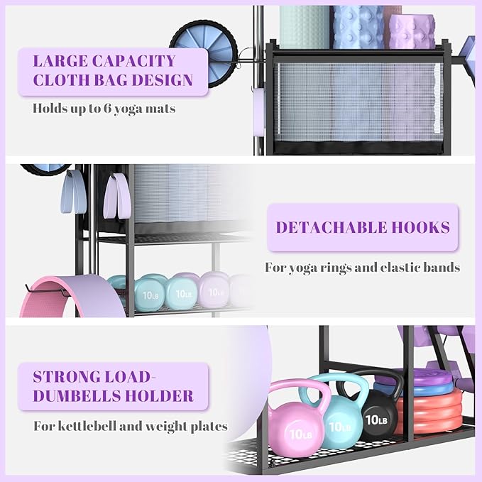Mythinglogic Dumbbell Rack for Home Gym, Weight Rack for Dumbbells,Yoga Mat Holder for Yoga Mat and Kettlebells, Multifunctional Home Gym Storage Rack with Casters