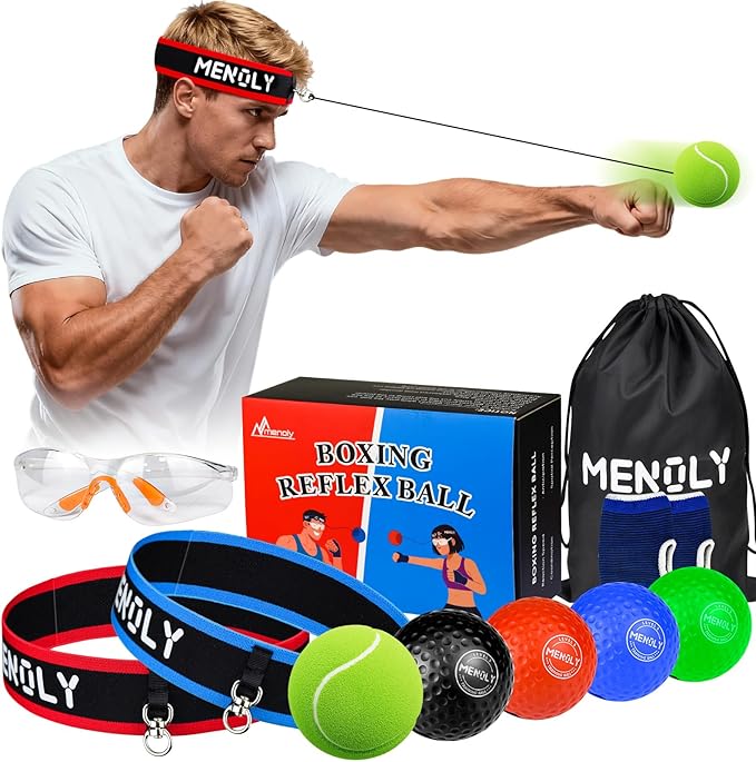 MENOLY 5pcs Boxing Reflex Balls Set, 2 Adjustable Headbands, 1 Pair Goggles and Gloves, Speed Training Equipment for Hand Eye Coordination, Agility, Great Gift for Men, Boxers & Fitness Fans