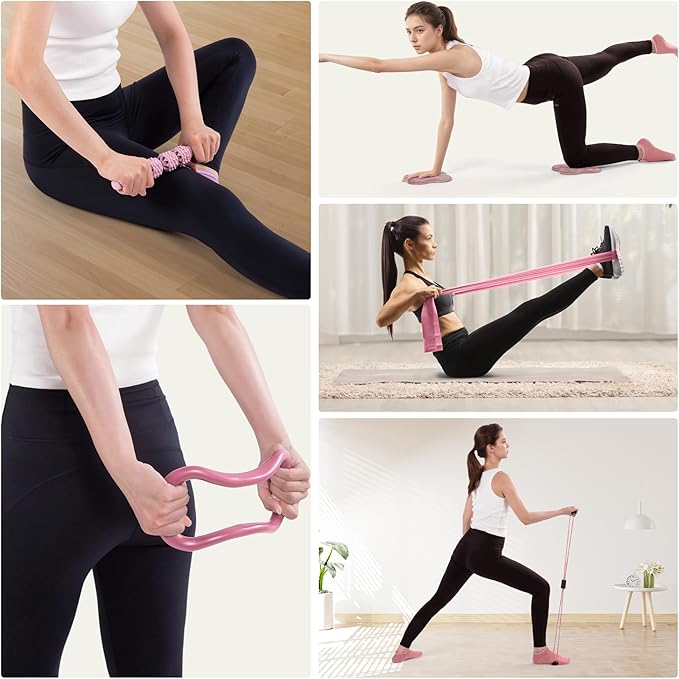 Pilates Ring Circle Fitness Set 17 pcs Equipment Accessories Workouts Includes Pilates Ball Magic Circle Yoga Ring Knee Pads and Resistance Bands for Women Set Gift for Women Weight Loss