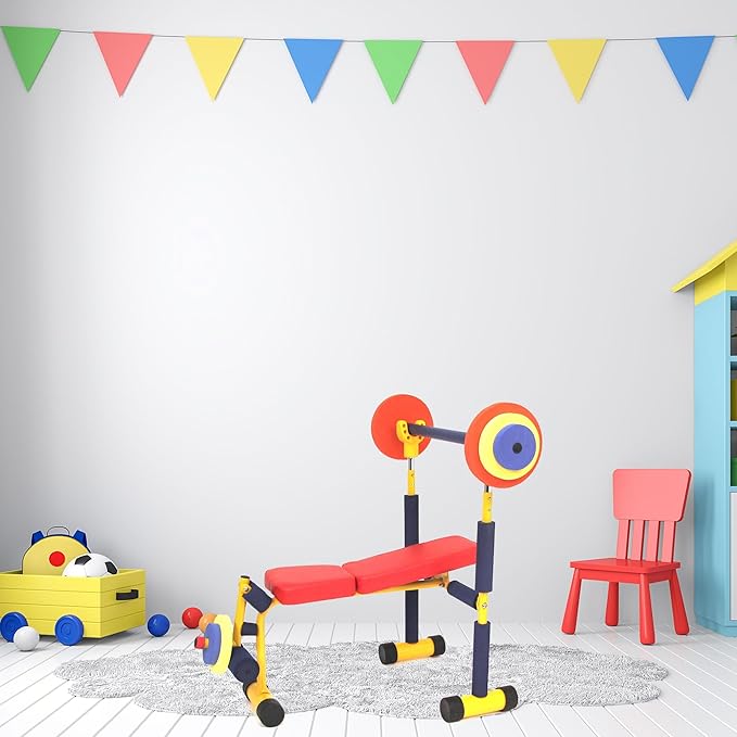 Redmon Fun & Fitness for Kids Adjustable Weight Bench Press Set w/ Barbell & Foam Weights