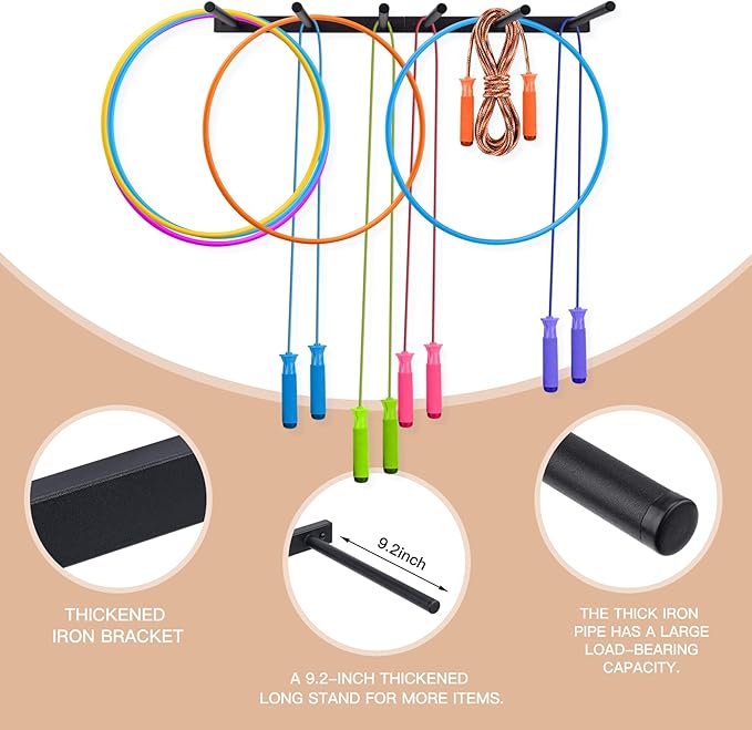 BiJun Wall Mount Jump Rope Rack Multi Use Hoop Rope Holder Organizer Fitness Equipment Storage Rack for Hoops, Foam Rollers Resistance Bands,Home/Gym Storage