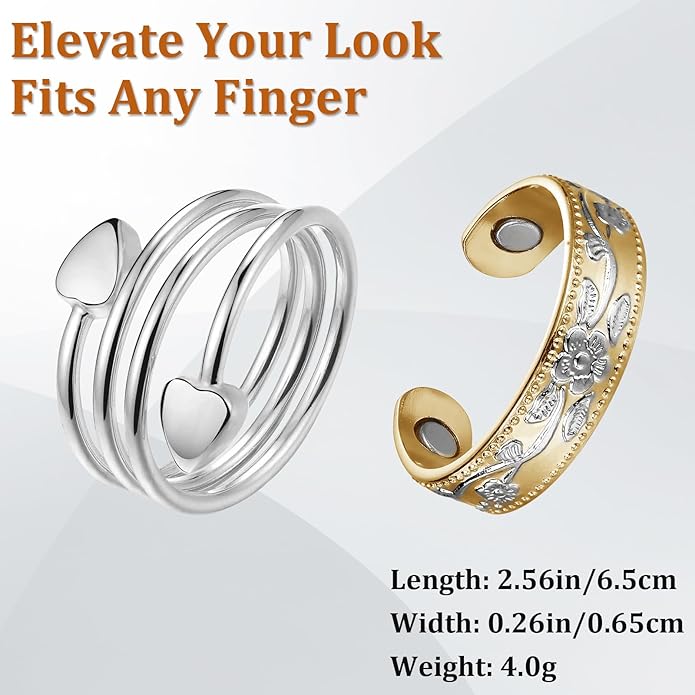 Magnetic Copper Rings Set for Women, Elegant Lymphatic Jewelry Gifts, Vintage Adjustable Vine Design