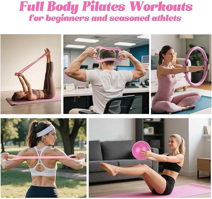 Pilates Ring Essentials Kit for Women，Home Pilates Kit with 9.8” Pilates Balls, Resistance Bands, Yoga Socks, Magic Circle, Carrying Bag, 13-Piece Home Workout Set