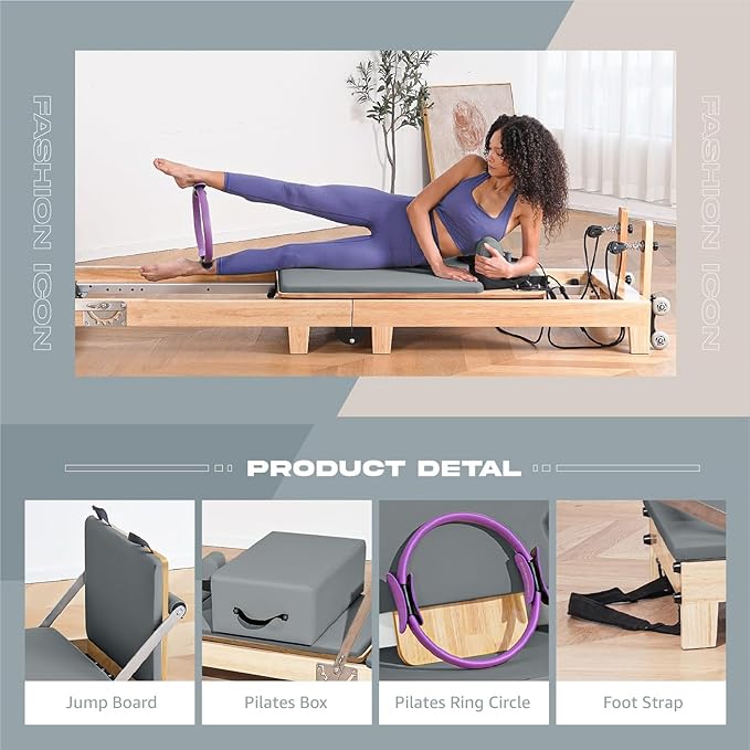 Pilates Reformer Machine, Quick-Assembly Studio Grade Pilates Equipment for Gym and Home, Oak Wood Pilates Reformer with Reformer Accessories
