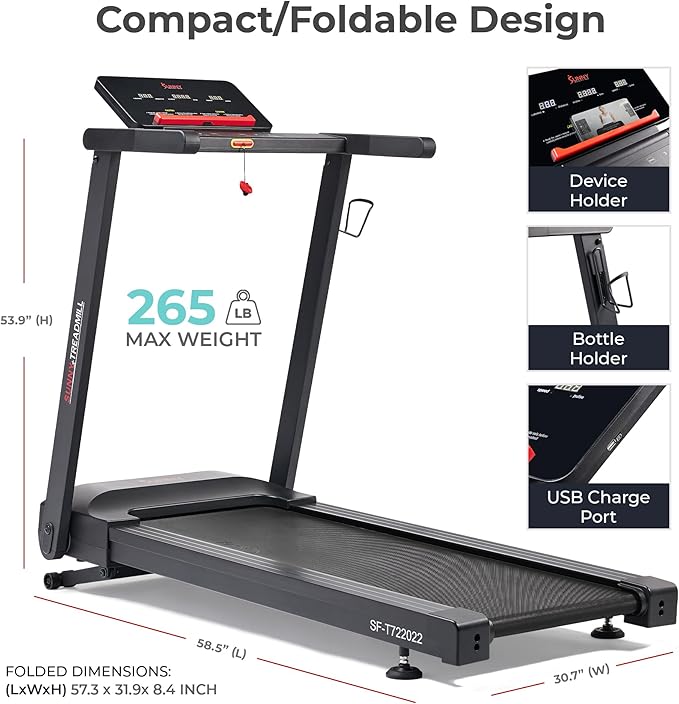 Sunny Health & Fitness Interactive Slim Folding Treadmill for Home, Running or Walking with Quiet Brushless, Shock Absorption, Free SunnyFit App Bluetooth Connection, Optional 12 Level Auto Incline
