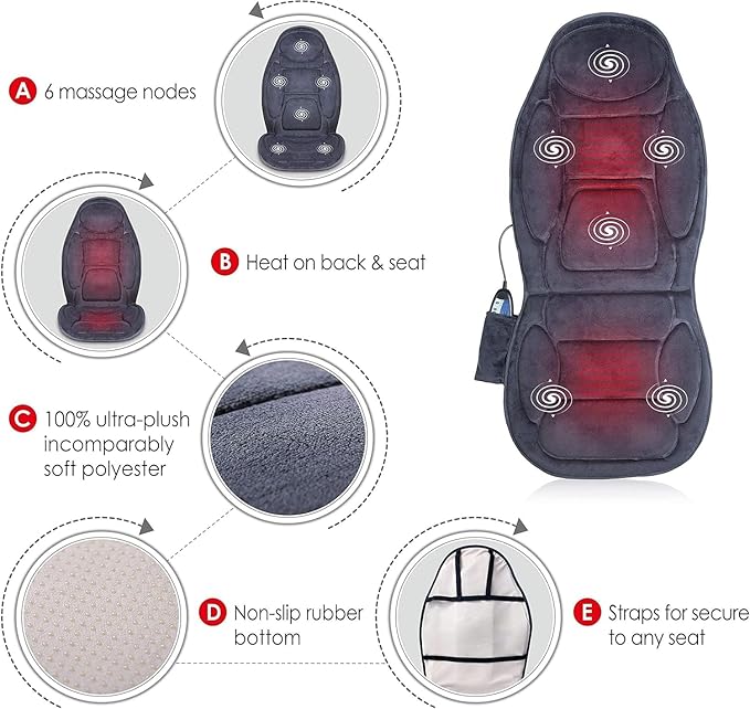 Snailax Vibration Back Massager with Heat, Massage Seat Cushion with 6 Vibrating Motors and 2 Heat Levels, Massage Chair Pad, Seat Massager for Home Office use, Gift for Women Men