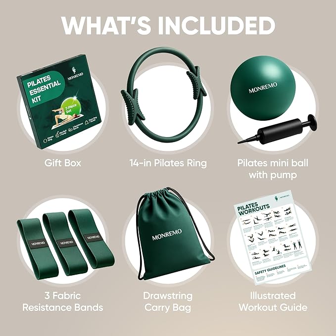Pilates Home Workout Kit – 7pc Pilates Set for Women with Toning Ring (Magic Circle), Mini Ball & Resistance Bands. Full Mat Pilates Equipment for Yoga, Core & Stretching at Home