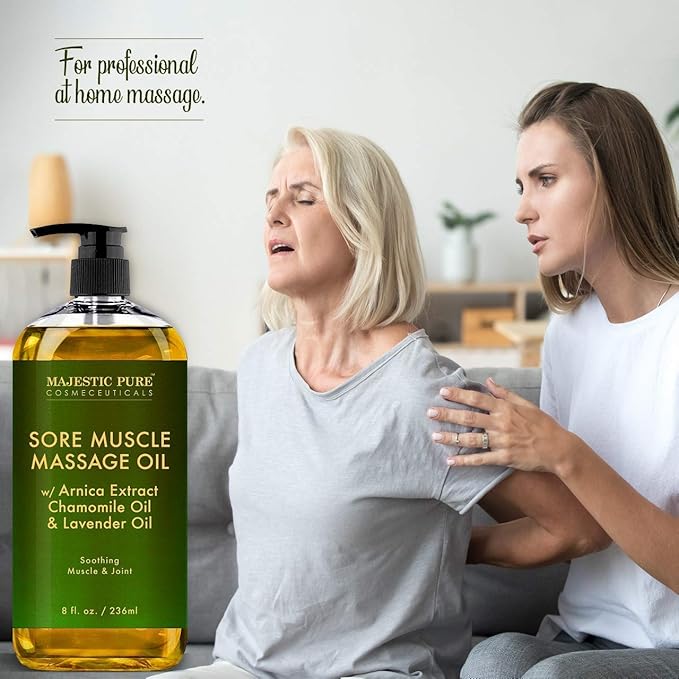Majestic Pure Sore Muscle Massage Oil and Frankincense Massage Oil Bundle – 8 fl oz Each