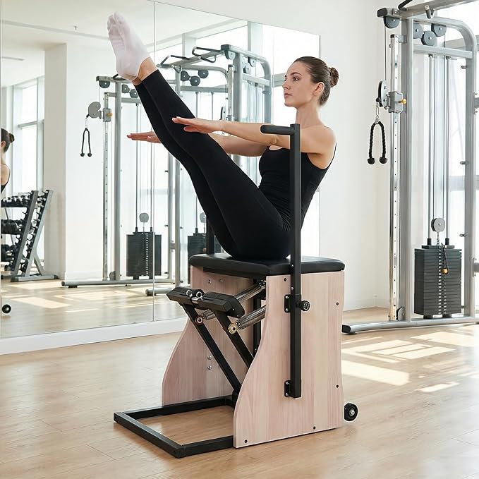 Generic Oak Wood Pilates Chair Professional Yoga Chair Pilates Machine with Adjustable Resistance Handles and Split Pedals for Home and Studio Use