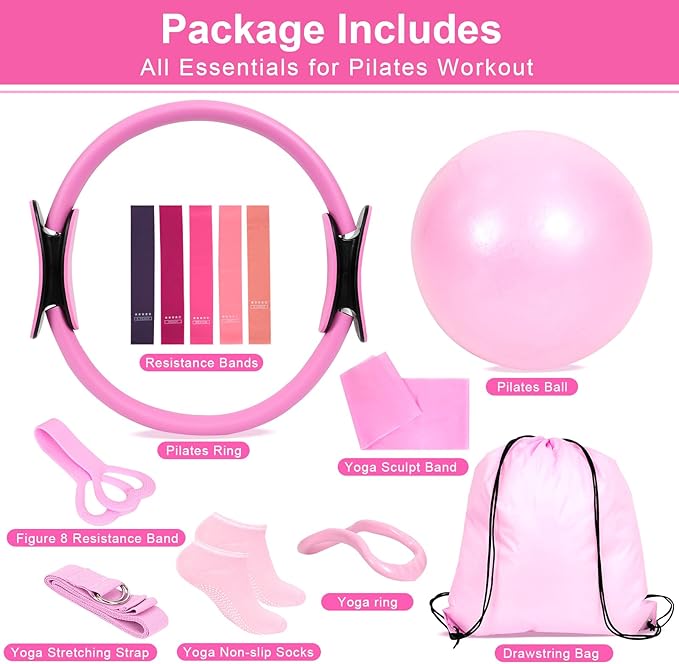 Home Pilates Essentials Kit for Women, Pilates Kit for Home Workouts, Pilates Equipment with Figure 8 Resistance Band, 14" Magic Circle, Yoga Ring, Pilates Accessories Set for Starter Workout