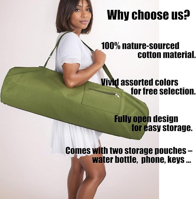 Cotton yoga mat bag with Pockets and Adjustable Strap - Full Zip Cargo Yoga Mat Carrier Bag - Bag for 1/4" 1/3" Thick Yoga Mat