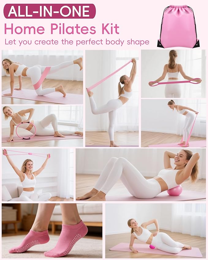 KABCON Pilates Kit for Home, Women Beginners Workout Essentials Set with 13" Ring, 9.8" Ball, Resistance Bands & Guide, 13/14/16 PCS Compact Pilates Equipment