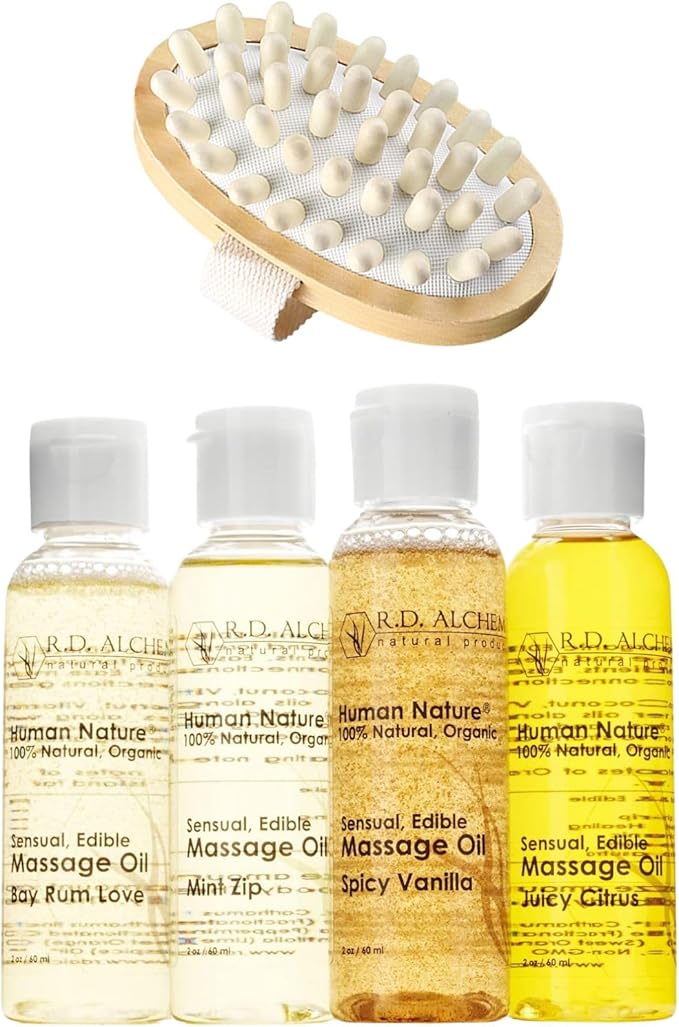 RD Alchemy - 100% Natural & Organic Edible Massage Oil 2-Piece Set - 4-Flavor Sample Pack + Body Massager. for Smooth, Sensual and Deep Tissue Massage.