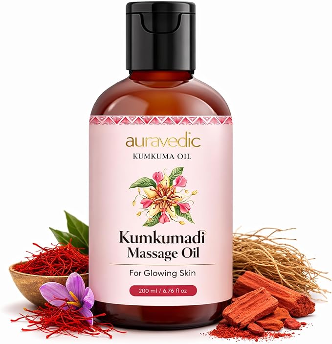 Auravedic Kumkumadi Oil for Face & Body with Saffron | Ayurvedic Massage Oil for Daily Moisturizing | Lightweight, Non-Greasy Hydrating Oil for Men & Women | 6.76 Fl Oz (200ml)