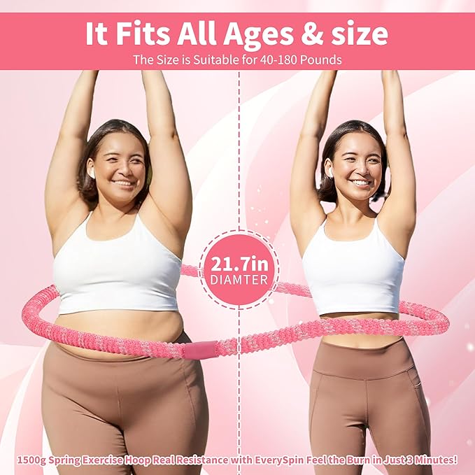 3.3 lbs Spring Soft Hula Hoop for Adults, Foldable Weighted Fitness Hoop with Video Tutorial, Soft Material Protects Lower Back, Home & Travel Workout