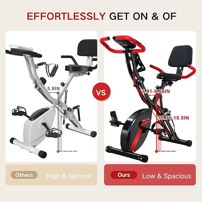 BARWING Stationary Exercise Bike for Home Workout, 5 IN 1 Foldable Indoor Cycling Bike for Seniors, 350LB Capacity, 16-Level Magnetic Resistance, Seat Backrest Adjustments