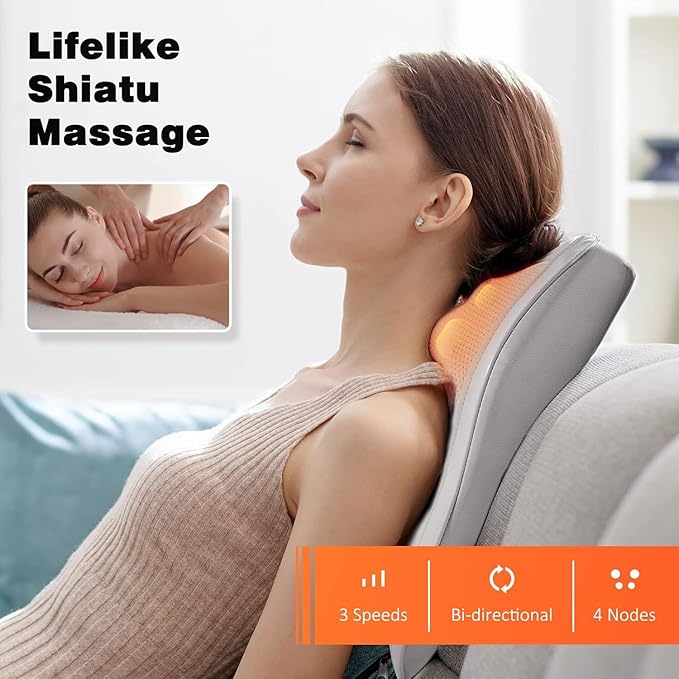 Boriwat Neck and Shoulder Massager with Heat, Shiatsu Massage Pillow with 3D Deep Tissue Kneading for Back Legs Foot Body Pain Relief,at Home Office Car, for Mom & Dad