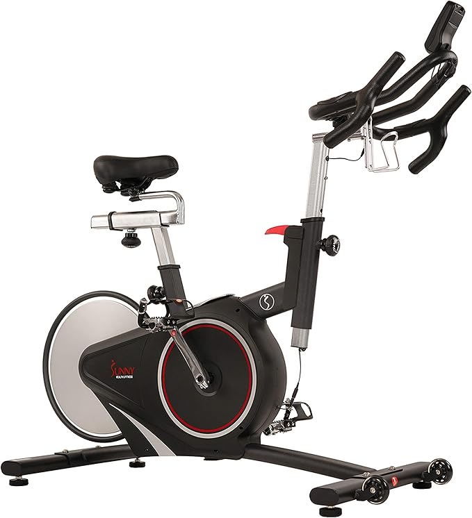 Sunny Health & Fitness Indoor Intensive Cycling Exercise Bike, Adjustable Cardio Training Exerciser w/Emergency Brake for Home, Optional Free SunnyFit App Bluetooth Link + Electromagnetic Resistance