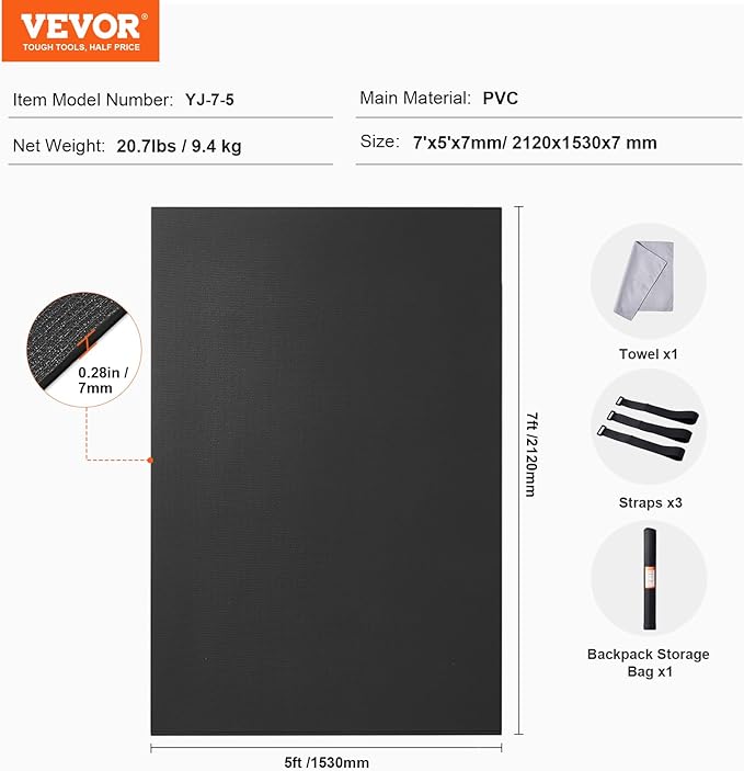 VEVOR Large Exercise Mat, 12'x6'/10'x6'/9'x6'/8'x6'/8'x5'/7'x5'/6'x4' (7mm) Extra Thick, Non Slip High Density Premium Workout Mat, Exercise Yoga Mat for Men & Women, Fitness & Exercise Mat with Bag & Carry Strap, for All Types of Home Yoga, Pilate & F...