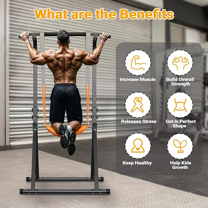 Foldable Pull Up Bar Free Standing Multi-function Power Tower Dip Bar with Assistance Bands Home Gym Strength Training Equipment