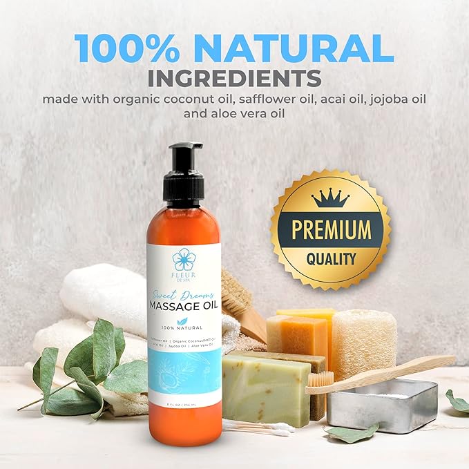 Massage Oil 8oz Pump by FLEUR DE SPA – Luxurious Therapeutic Body Oil – Made in USA – Safflower & Organic Coconut with Acai Berry – Soothes Sore Muscles, Relieves Stiffness, Anti-Cellulite