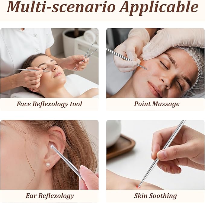 4Pcs Stainless Steel Acupuncture Pen Set with 8 Different Sized Heads for TMJ Pain Relief and Muscle Knot Release, Facial Reflexology Self Care Tools, Portable Dual Head Manual Massage Sticks