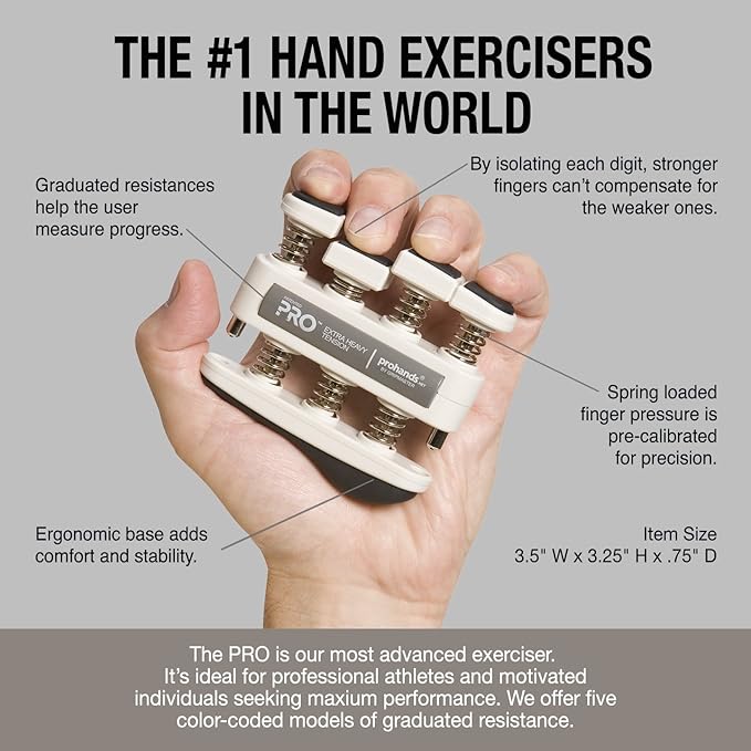 Prohands PRO Hand Exerciser, Finger Exerciser (Hand Grip Strengthener), Spring-Loaded, Finger-Piston System, Isolate and Exercise Each Finger