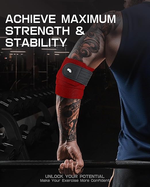 Jaffick Elbow Wraps for Weightlifting (1 Pair) - Double-Layer Reinforced 40'' Elastic Elbow Brace Compression Strap & Gym Joint Support Brace - for Bench Press, Powerlifting, and Pressing