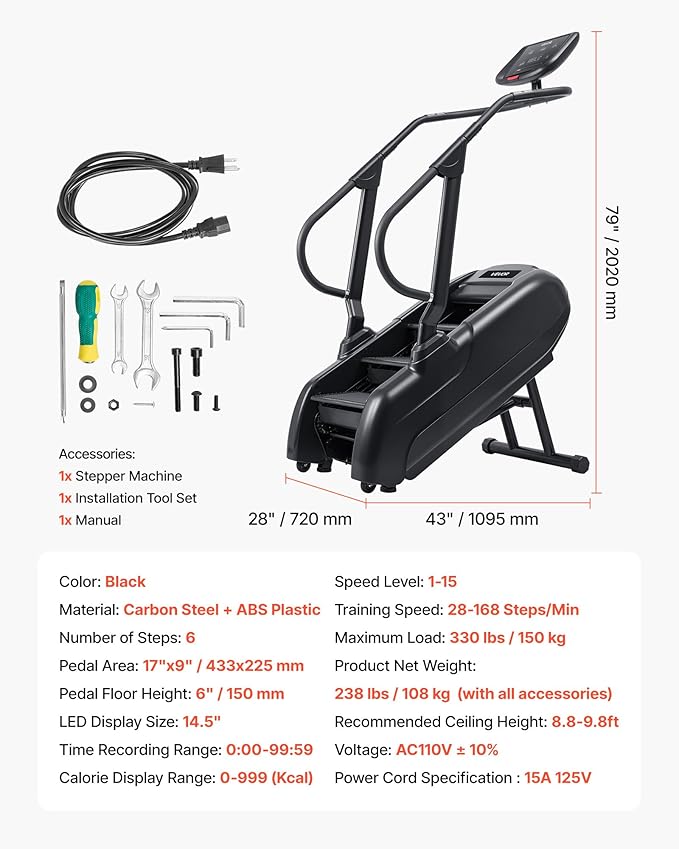 VEVOR Stair Stepper Machine, LED Screen Continuous Climbing Machines, Max Load 330 Lbs Stepping Climber for Home, 15 Speed Levels 28-168 Steps/Minute Stepmill Exercise for Cardio Lower Body
