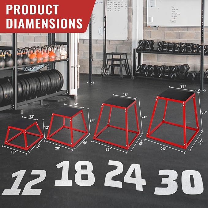 Heavy-Duty Steel Plyometric Jump Box Set, 12” 18” 24” Square Jumping Trainer with Non-Slip Rubber Top, Stackable Home Gym Fitness Equipment for Strength Training & Conditioning