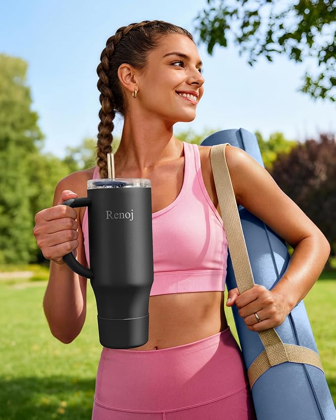 Vibration Plate Exercise Platform with Loop Bands + Renoj FlexSlide 40oz Insulated Stainless Steel Tumbler (Black) – Full Body Workout & Recovery Set