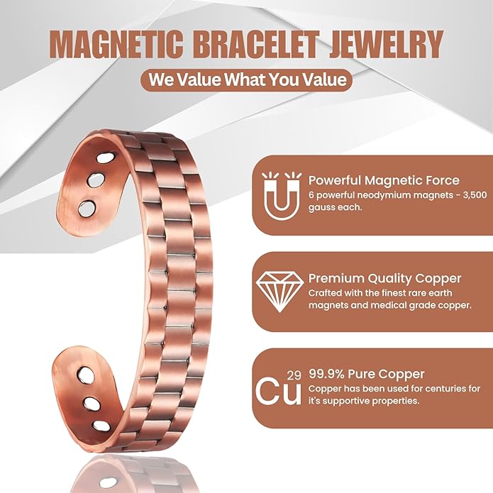 Copper Bracelet for Men and Women, Strength Mens Magnetic Copper Bracelets with 3,800 Gauss Magnets, 99.99% Pure Solid Copper, Handmade Copper Jewelry Gift