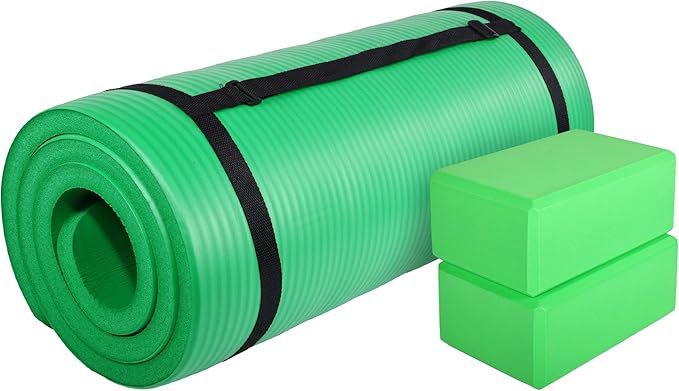 BalanceFrom 71x24 Inches Yoga Mat with Knee Pad and Optional Blocks – Extra 1-Inch Thick Non-Slip Foam with Anti-Tear Surface and Carrying Strap for Home, Studio, or Gym Workouts