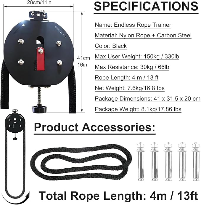 Pulley Trainer, Portable Cable Pulley System with Adjustable Resistance, Endless Rope Trainer for Fitness Training and Physical Conditioning