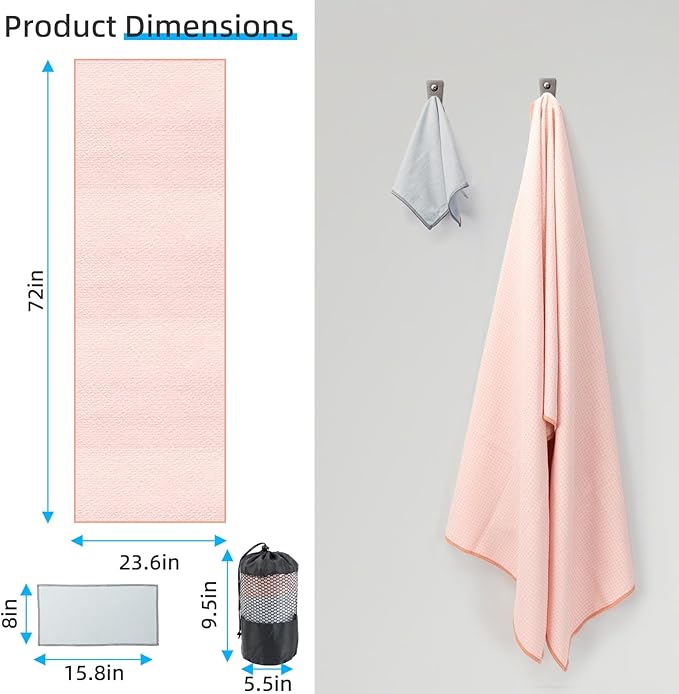 YESLIFE Non-Slip Extra Thick Hot Yoga Towel with One Sweat Towel, Microfiber Sweat Absorbent Yoga Mat Towel with Grip Dot, Pilates Mat, 72" x 24", Pink