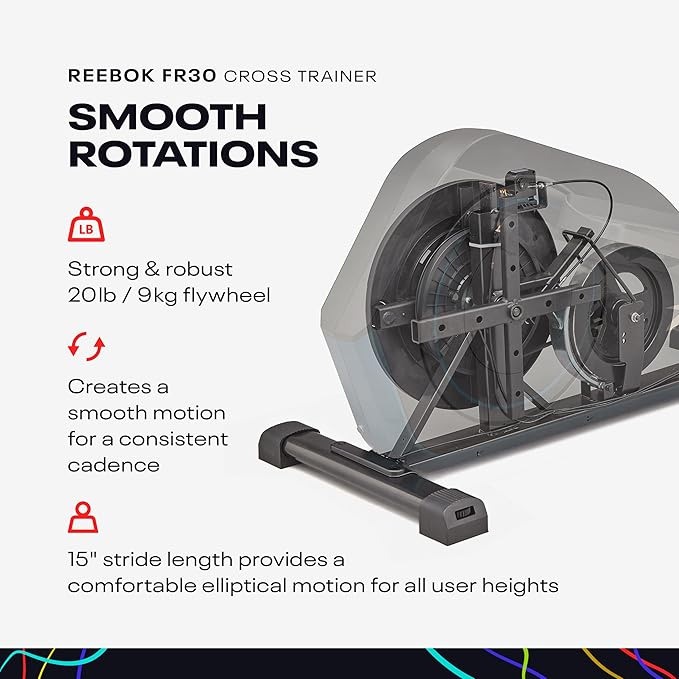 Reebok FR20 Home Elliptical Cross Trainer, Black, Cardio Exercise, 8 Resistance Levels, 264 lb. Capacity, Plus 60 Day Free Kinomap Membership