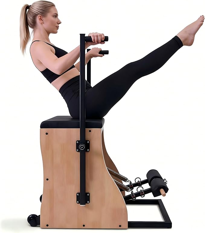 Pilates Chair Wunda Chair Pilates Combo Chair Reformer Machine with Adjustable Resistance Springs Split Pedal Handles Home Gym Equipment for Yoga Core Training Rehabilitation Includes Non-Slip Socks
