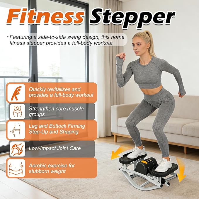 Lateral Rocking Fitness Stepper for Home Workout - Low Impact Side to Side Stepper Machine, Gentle on Knees and Joints, Portable Leg Glutes Abs Core Exerciser with LCD Monitor and Resistance Bands
