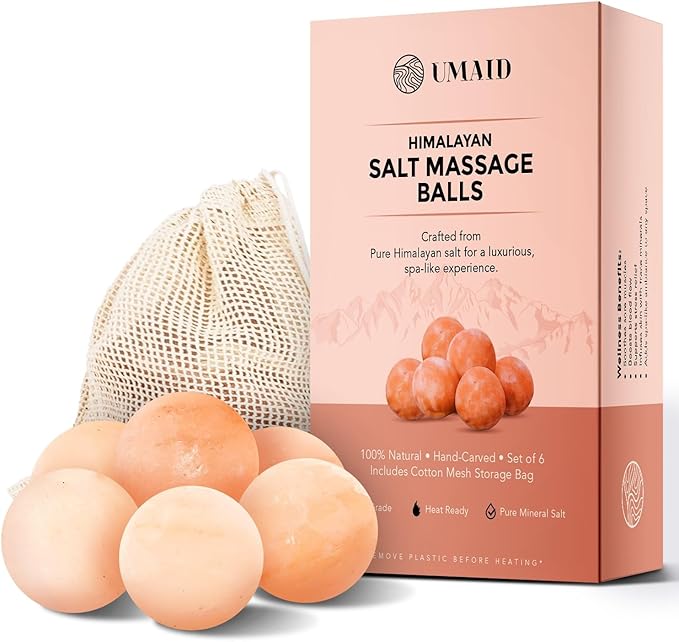 UMAID Himalayan Salt Massage Balls 6-Pack with Cotton Mesh Bag, Natural Therapy Stones for Hot & Cold Muscle Relief, Relaxation & Spa Massage, Warm in Microwave or Chill in Freezer