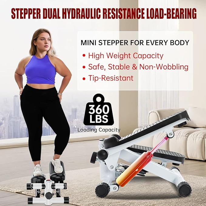 Steppers for Exercise at Home, Mini Stepper with Resistance Bands, Hydraulic Fitness Stepper with LCD Monitor, 360LBS Weight Capacity Portable Stair Stepper for Small Spaces
